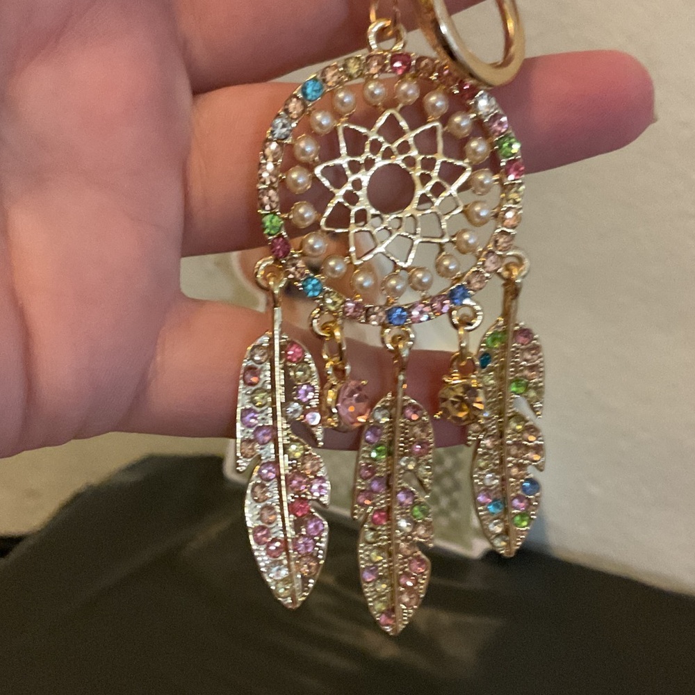 Gold Dreamcatcher Feather Bagcharm with Multicolor Crystals